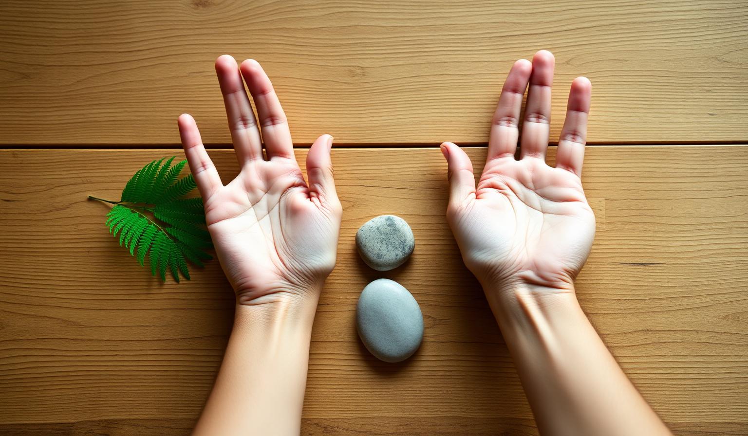 Open hands resting on a wooden table with a stone and fern leaf, representing acceptance and commitment therapy