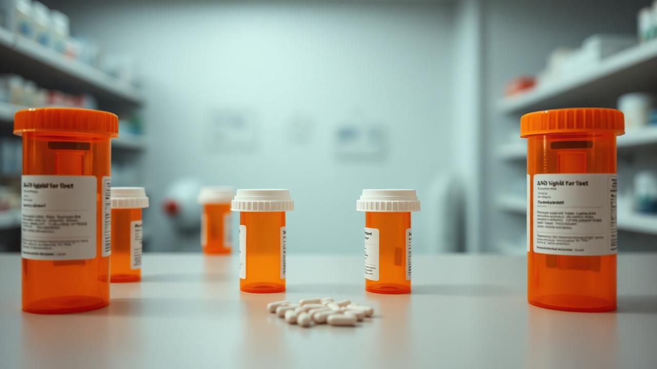 Empty prescription pill bottles on a pharmacy counter representing the April 2026 Adderall and amphetamine mixed salts shortage