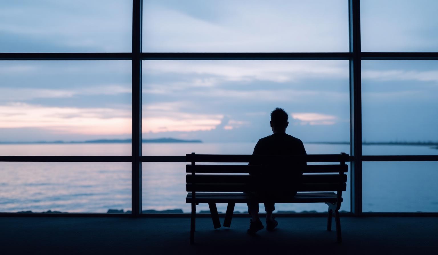 Person sitting alone on a quiet bench by a window at dawn representing avoidant attachment and emotional distance