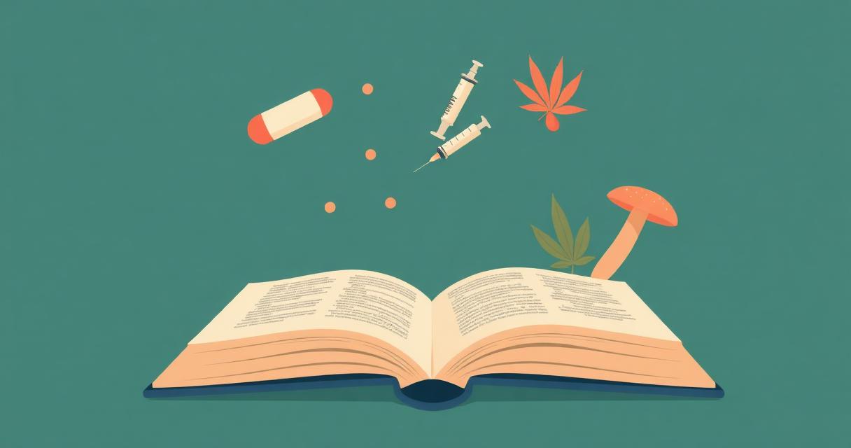 Editorial illustration of an open reference book with pill, syringe, cannabis leaf, and mushroom icons representing a glossary of drug street names and slang terms
