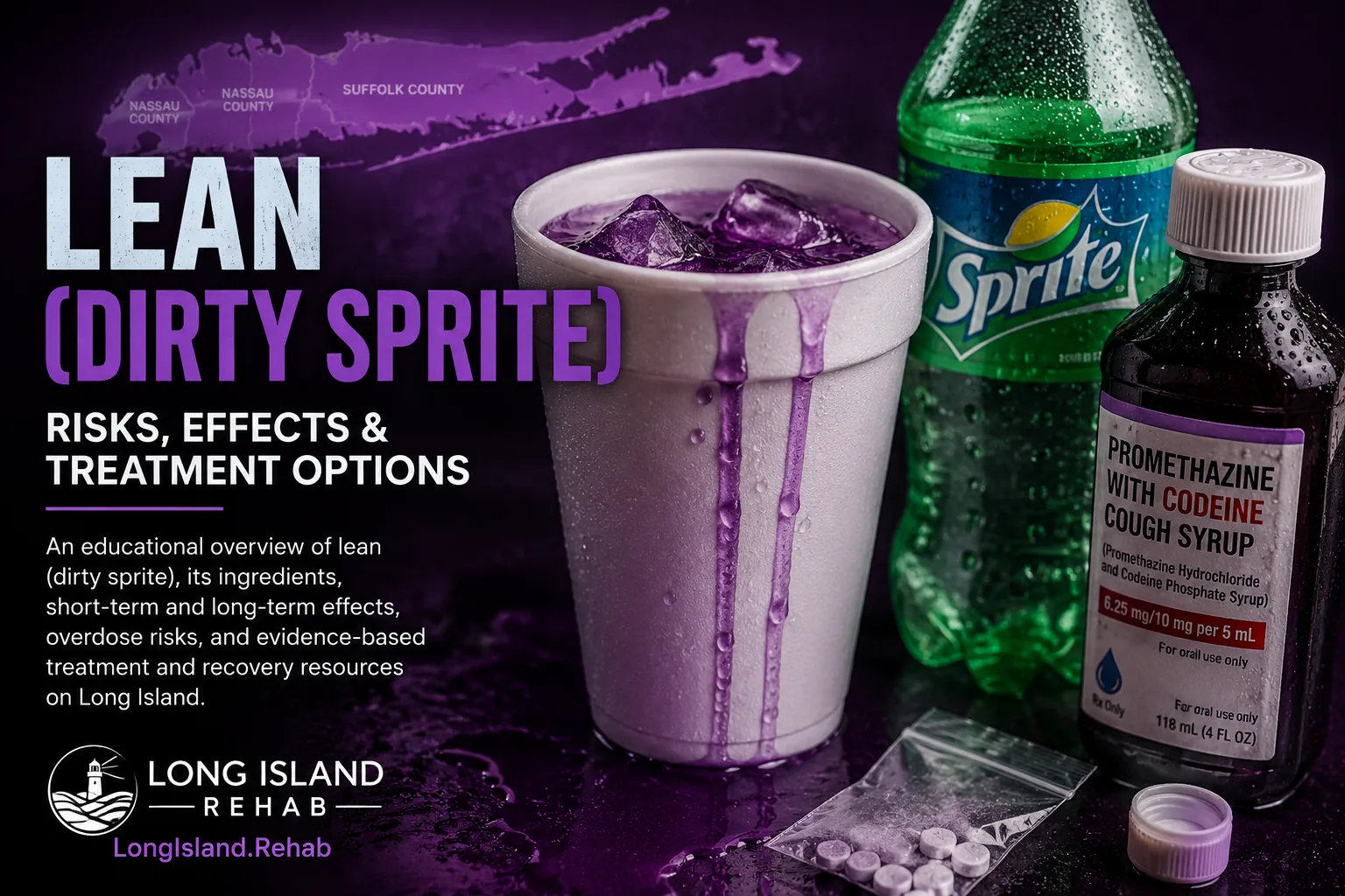 Educational illustration explaining lean (dirty Sprite), a mixture of codeine cough syrup and soda, highlighting overdose risks, addiction, withdrawal symptoms, and treatment options from Long Island Rehab.