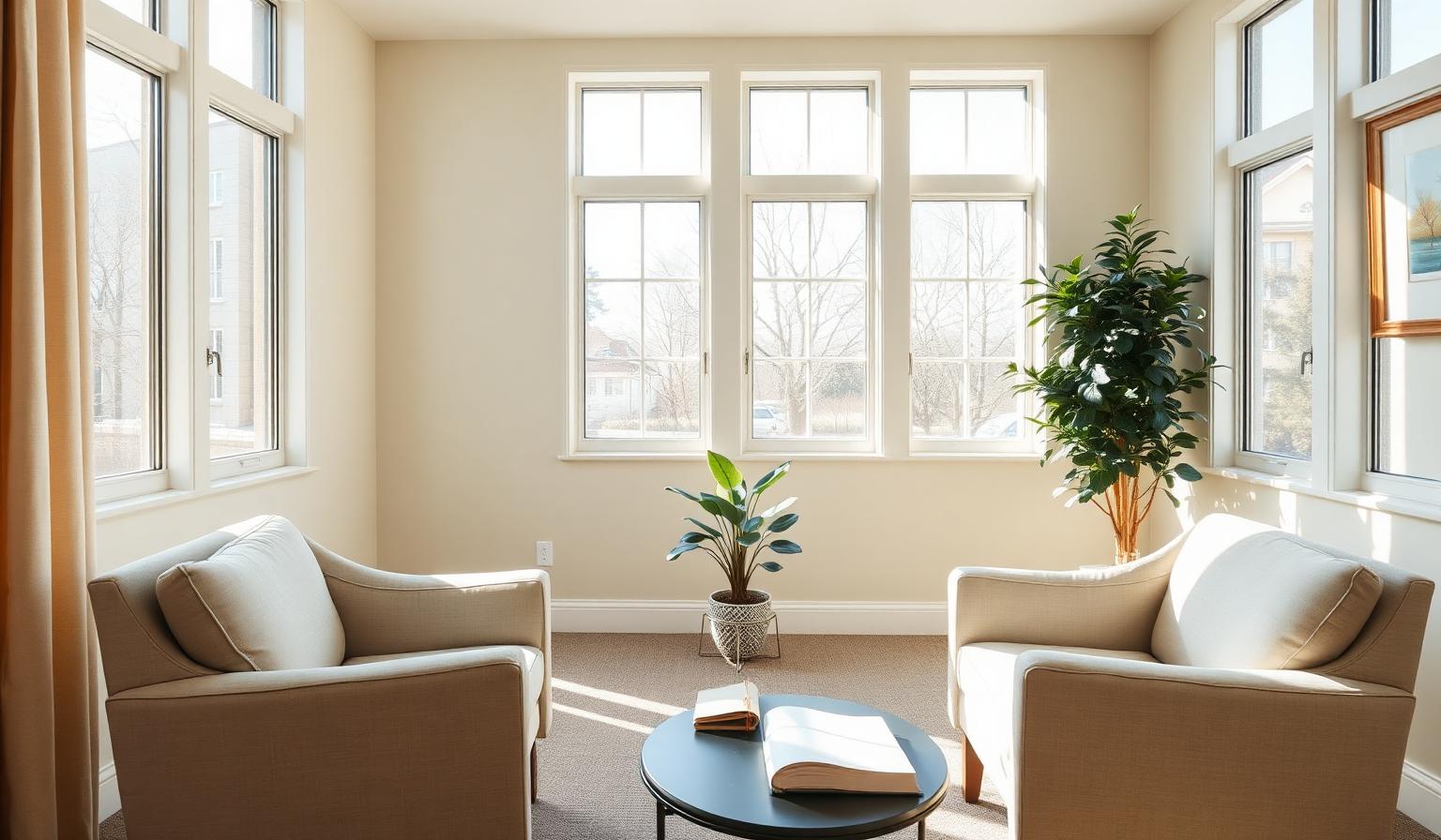 Calm therapy office with two armchairs facing each other, representing psychodynamic talk therapy on Long Island