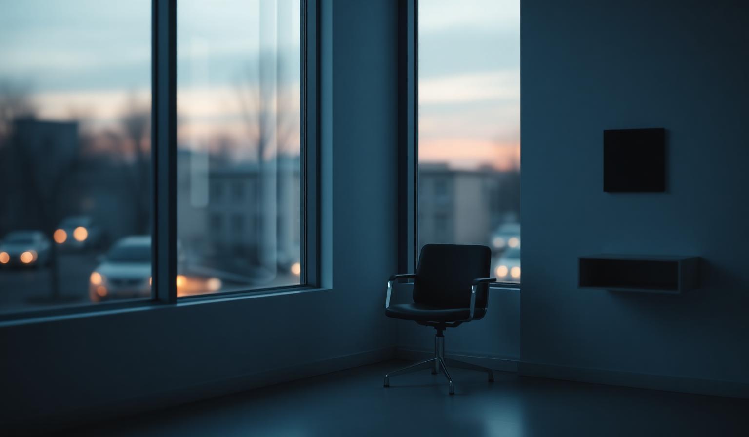 Quiet clinical consultation room at dusk representing mental health care for schizoaffective disorder and schizophrenia