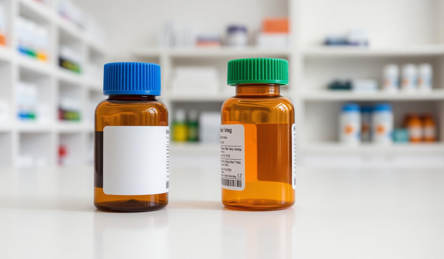 Two amber prescription bottles on a pharmacy counter representing SSRI and SNRI antidepressants