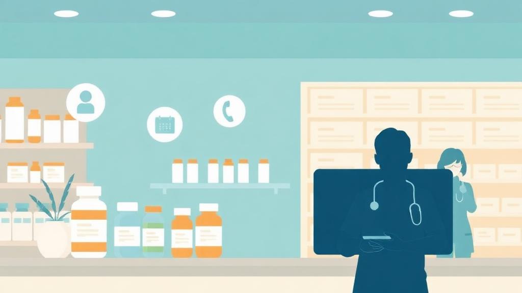 Pharmacy counter with prescription bottles, calendar reminders, and phone call icons illustrating patient steps during a medication shortage