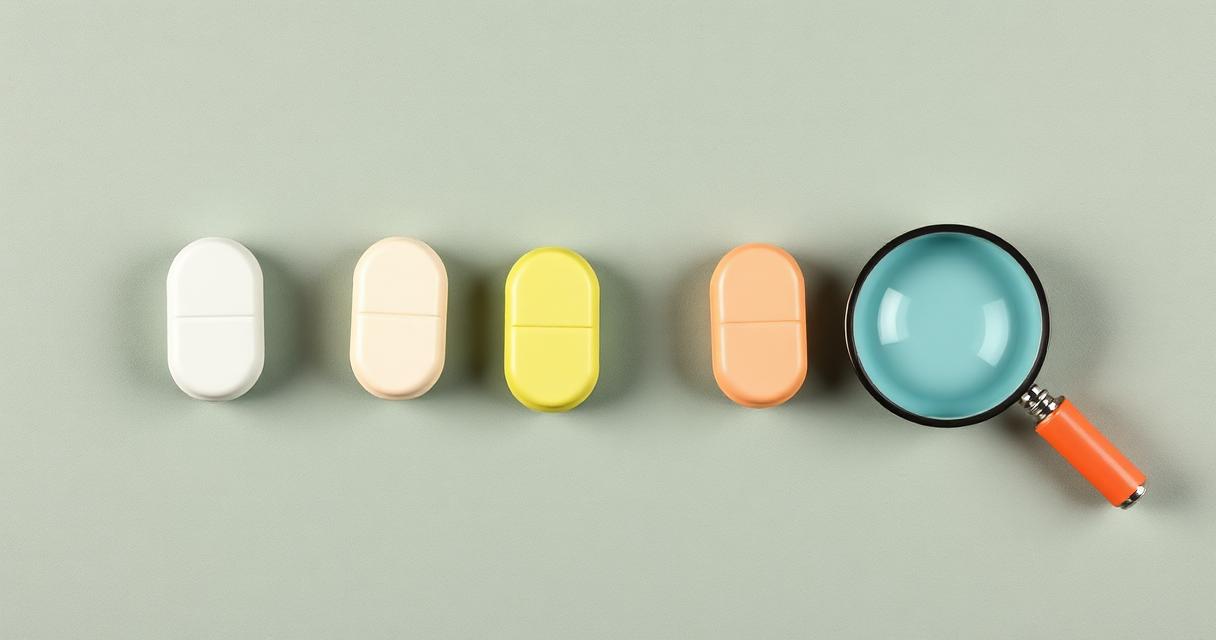 Educational illustration showing rectangular alprazolam tablets in white, peach, yellow, and orange with a magnifying glass, representing Xanax bar types, colors, and counterfeit-pill inspection