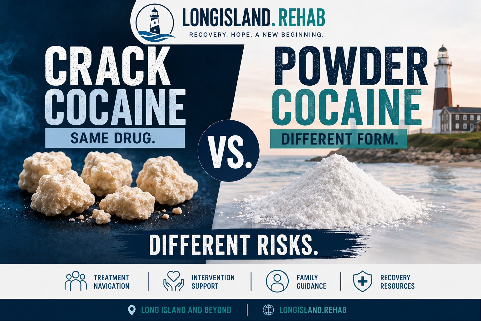 Crack cocaine versus powder cocaine comparison showing the same drug in different forms with different routes of use, health risks, and addiction patterns.