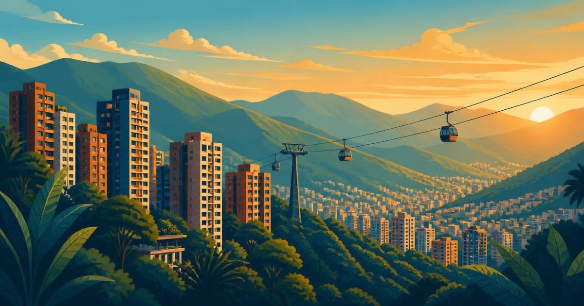 Illustration of Medellín, Colombia at golden hour — El Poblado high-rise apartment towers, green Andean mountains, and a metrocable line across the valley.