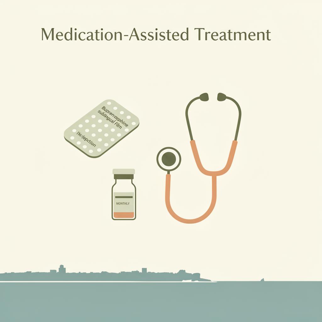Editorial illustration of buprenorphine sublingual film, a monthly injection vial, and a stethoscope above a Long Island coastline silhouette.
